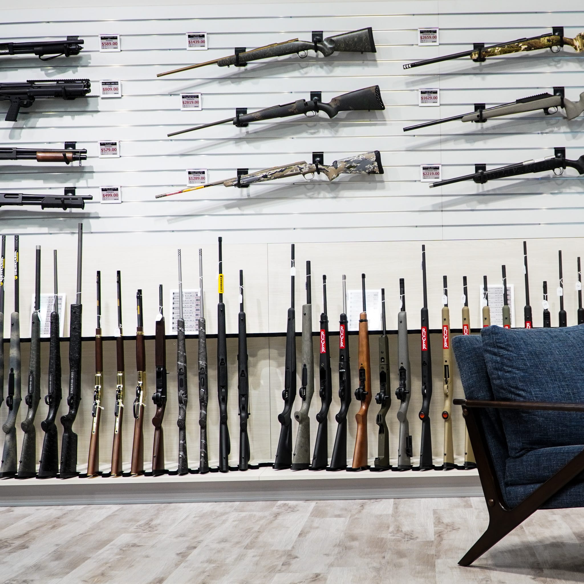 A wide assortment of hunting bolt action rifles
