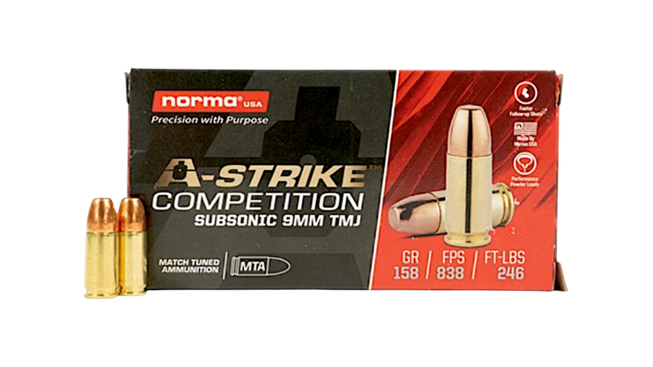 NORMA A-STRIKE SUBSONIC 9MM AMMO | 158GR TMJ | 50RD BOX