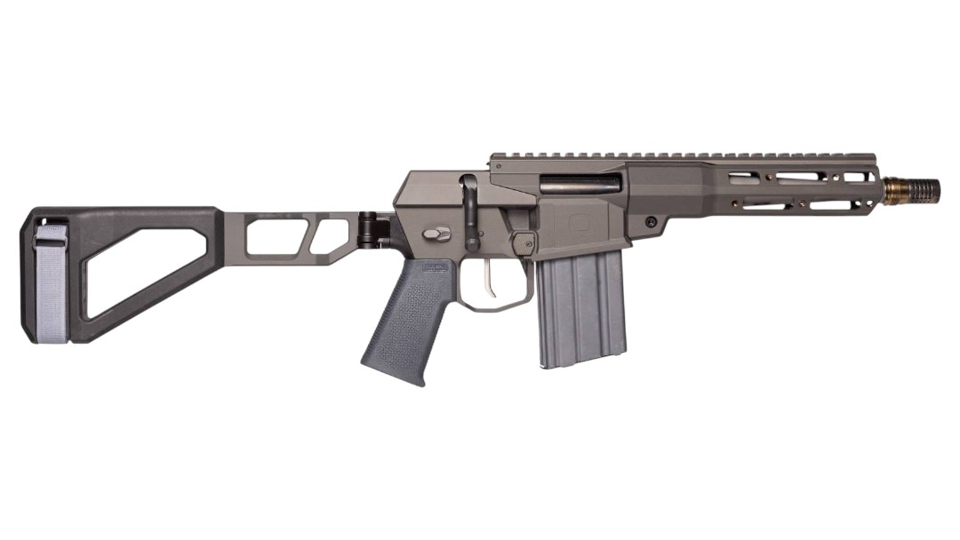 Modern tactical semi-automatic rifle with collapsible stock, pistol grip, and picatinny handguard on a white background