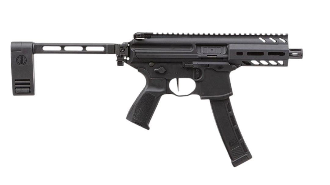 Black AR-style semi-automatic rifle with adjustable stock and magazine inserted in the grip area, shown in profile.