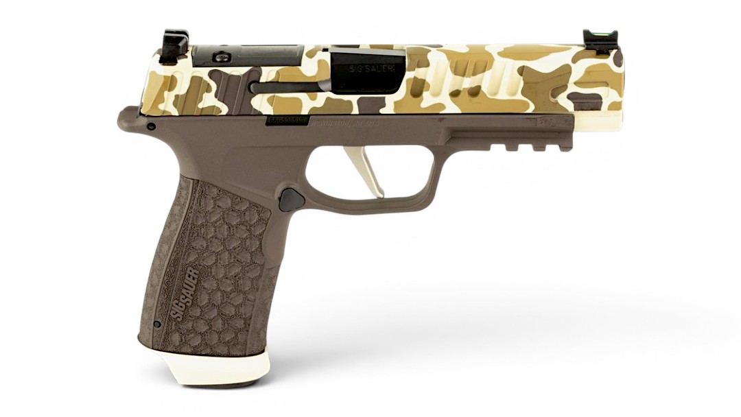 Semi-automatic pistol with desert camouflage slide and brown textured grip, shown in profile to the right.