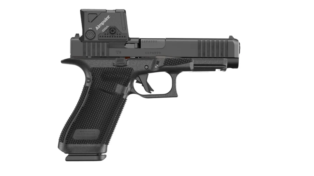 Side view of a semi-automatic pistol with a mounted red dot sight on top.