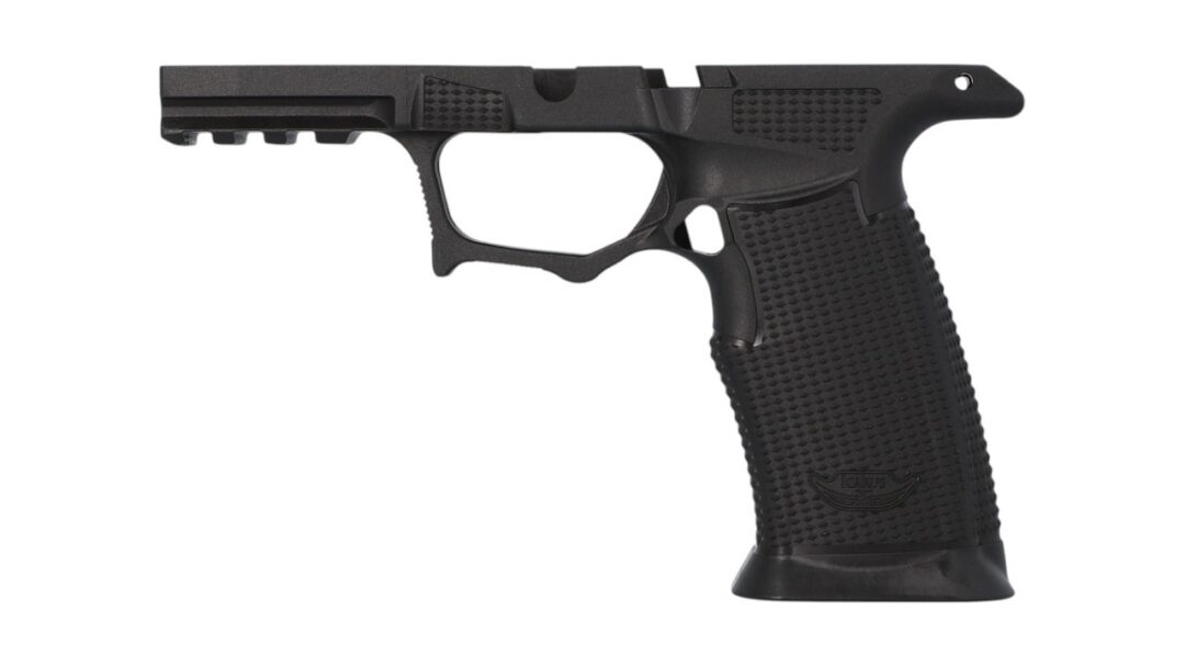 Black semi-automatic handgun frame with a textured grip and front rail, shown in profile