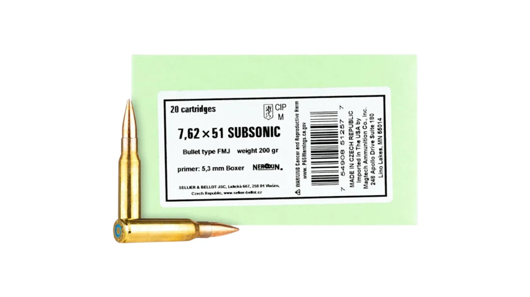 Green rectangular ammo box with a white label: 7.62×51 SUBSONIC, 20 cartridges, two brass bullets arranged to the left side.