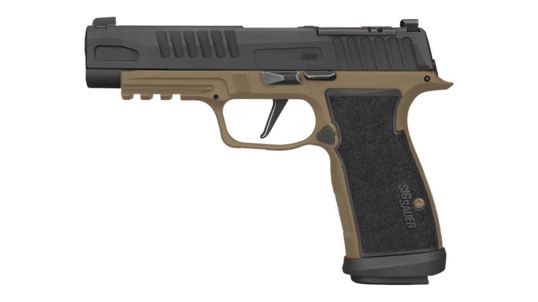 Side view of a two-tone Sig Sauer P365 semi-automatic pistol with tan frame and black slide, textured grip visible.