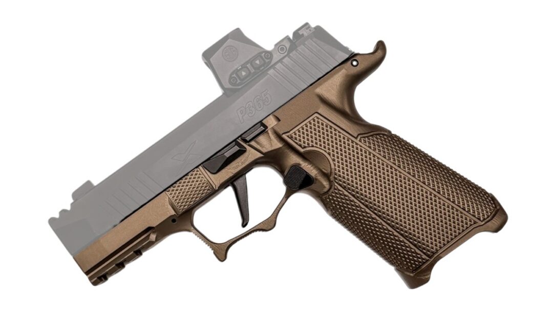 Brown textured semi-automatic pistol with a top red-dot sight, angled to the left.