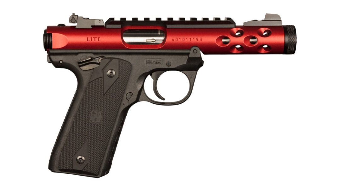 Side view of a semi-automatic handgun with a red anodized slide and black textured grip, shown in profile with a tactical rail on top and perforated barrel area