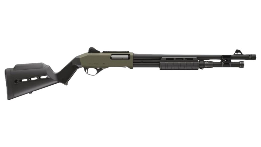 Pump-action shotgun with olive-green forend and black stock, shown in profile from the left side