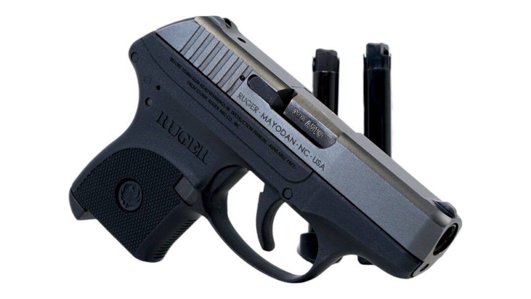 Compact black semi-automatic pistol shown in a side angle with two magazines upright behind it, ready for loading.