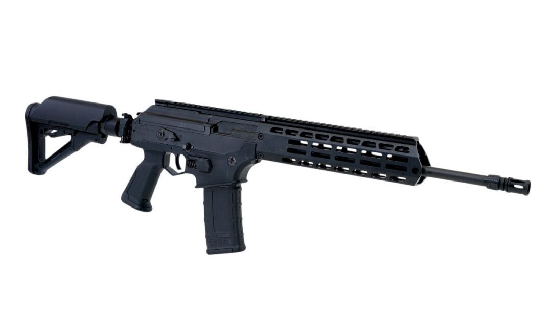 Black modern assault rifle with a collapsible stock and long vented handguard, shown against a white background