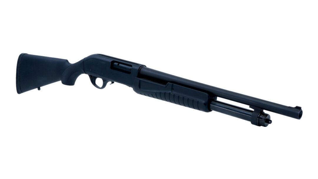 Dark pump-action shotgun with a long barrel on a white background