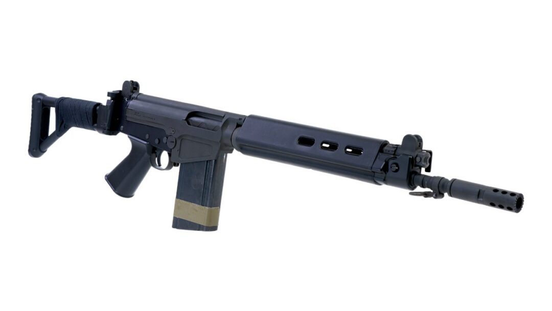 Black AR-style assault rifle shown in side view with a magazine, forearm, and muzzle attachment.