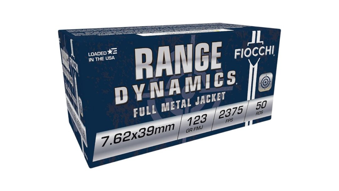 Box of Fiocchi Range Dynamics Full Metal Jacket 7.62x39mm ammunition, 50 rounds, blue packaging with branding
