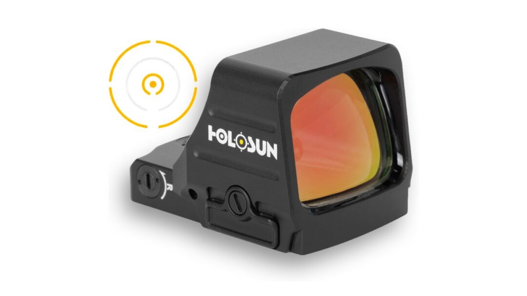 Holosun red dot sight with orange-tinted lens facing right, brand logo visible on side.