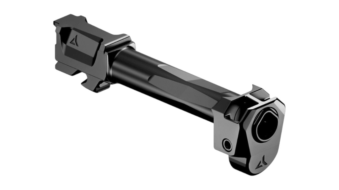 Metal cylindrical mechanical component with mounting blocks at both ends, resembling a bicycle linkage or suspension part (machined alloy). The item appears to be a rigid rod with end fittings and an angular housing on one side.