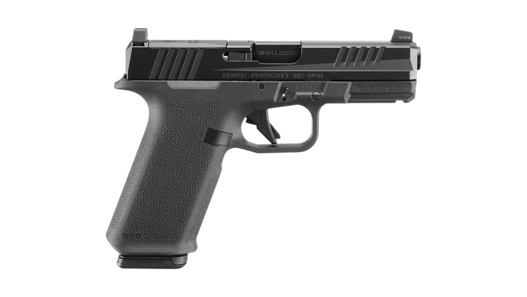 Side view of a black semi-automatic pistol with a textured grip and visible trigger guard.