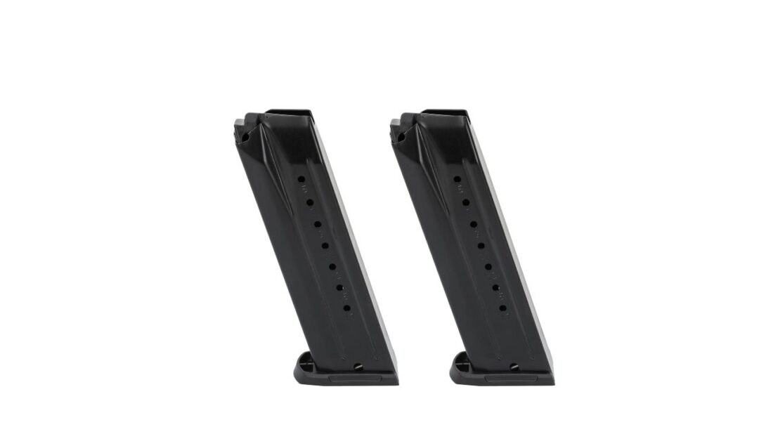 Two black pistol magazines standing upright side by side on a white background.