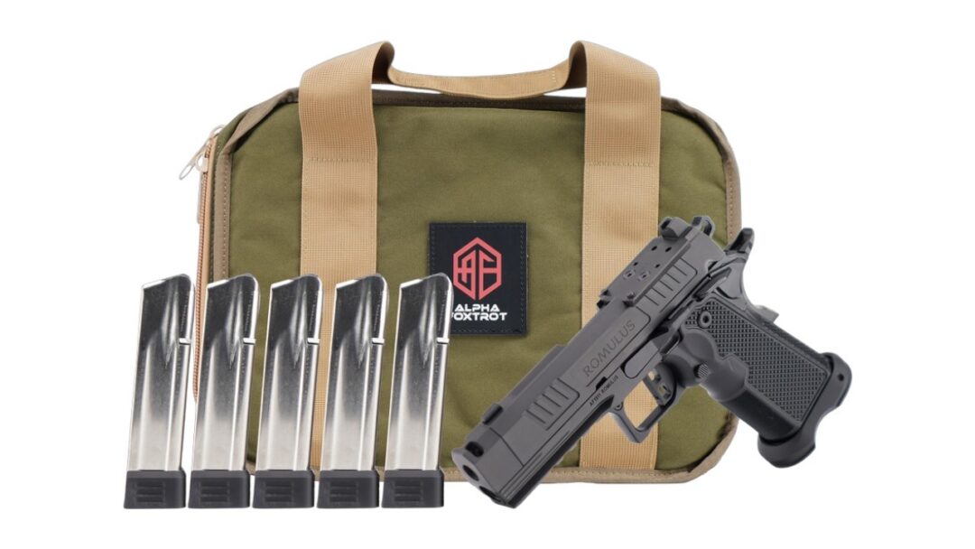 Tactical olive bag with tan straps, plus six pistol magazines and a black handgun beside it (airsoft/BB kit).
