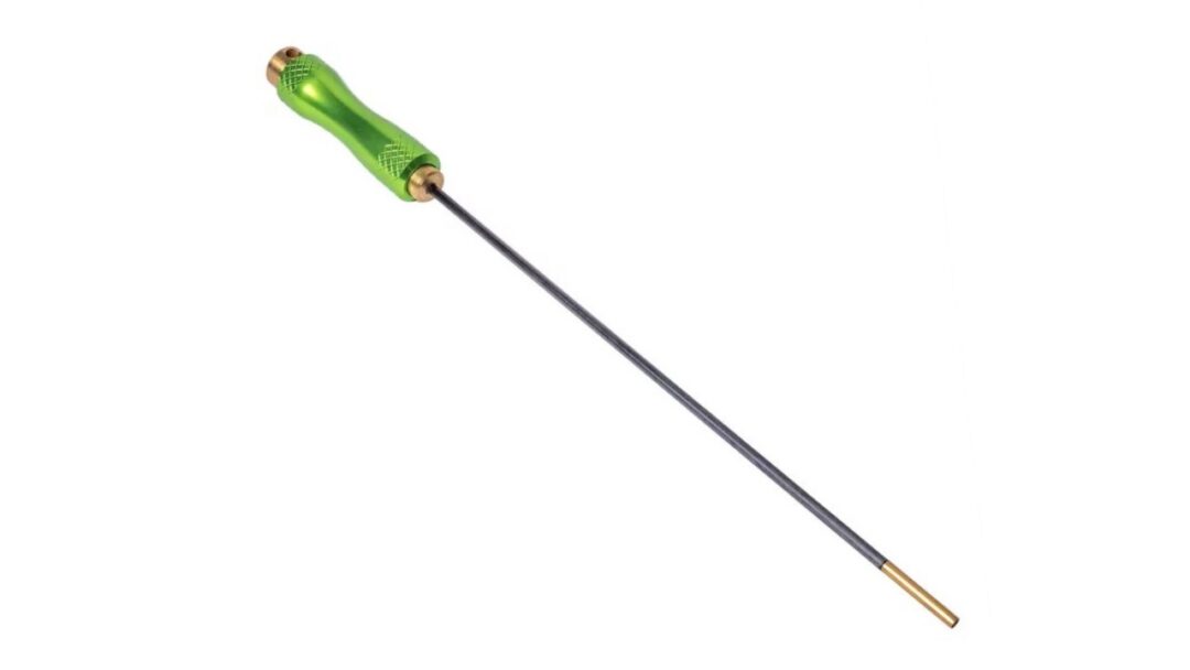 Soldering iron with a green ergonomic handle and long slim shaft, tip at the end.