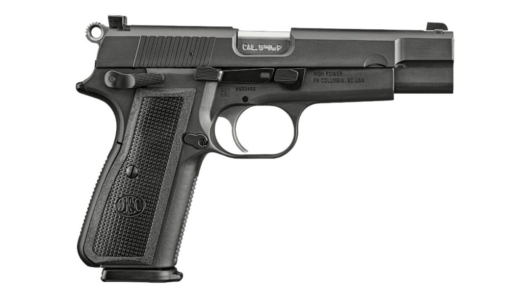 Semi-automatic pistol shown in right-profile view, black finish with textured grip and visible trigger guard. (caliber markings on slide)