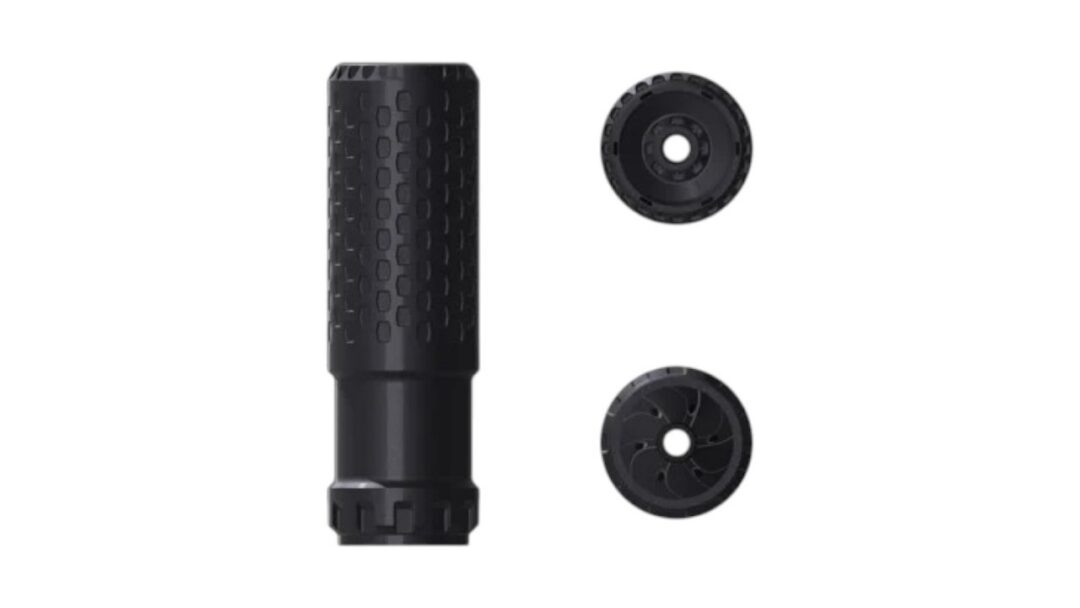Black cylindrical tool with knurled grip and two circular end caps shown side-by-side views.