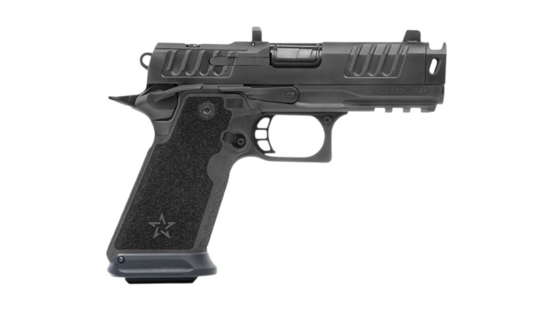 Black semi-automatic pistol with a textured grip and accessory rails, shown in profile against a white background.