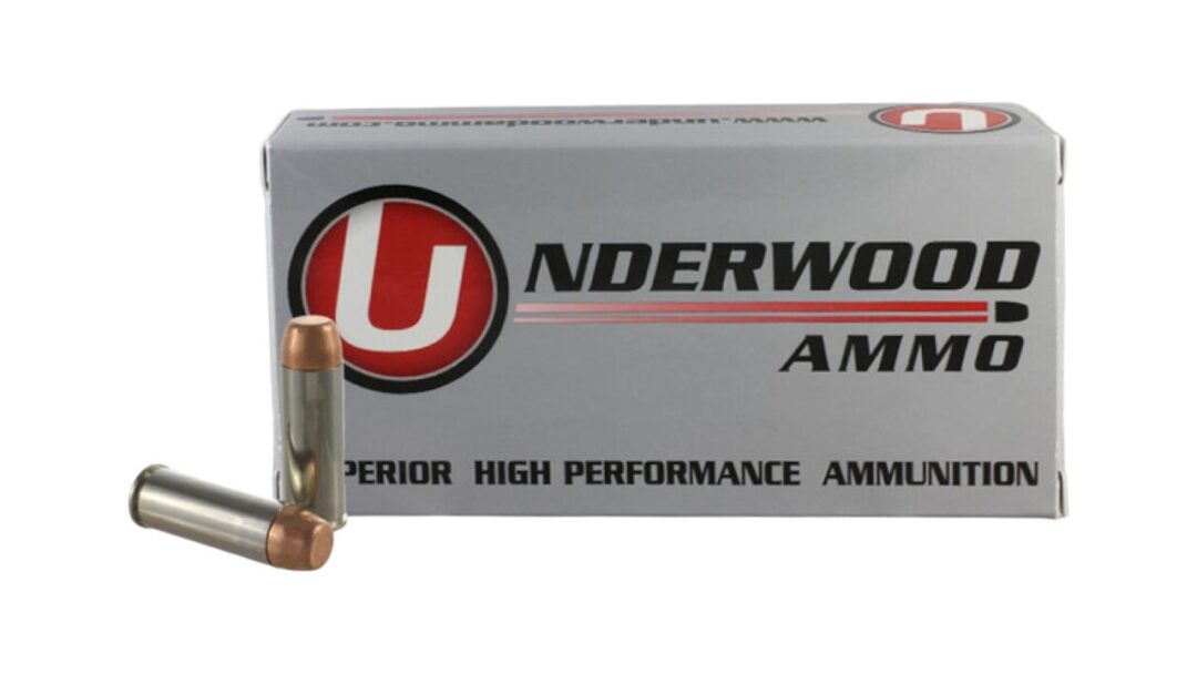 Underwood Ammo box with two copper-tipped cartridges in front.