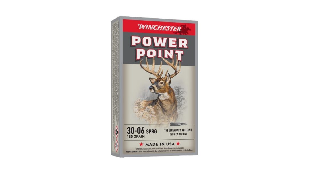 Box of Winchester Power Point 30-06 Springfield 180 grain deer cartridge, Made in USA, with a deer illustration on front